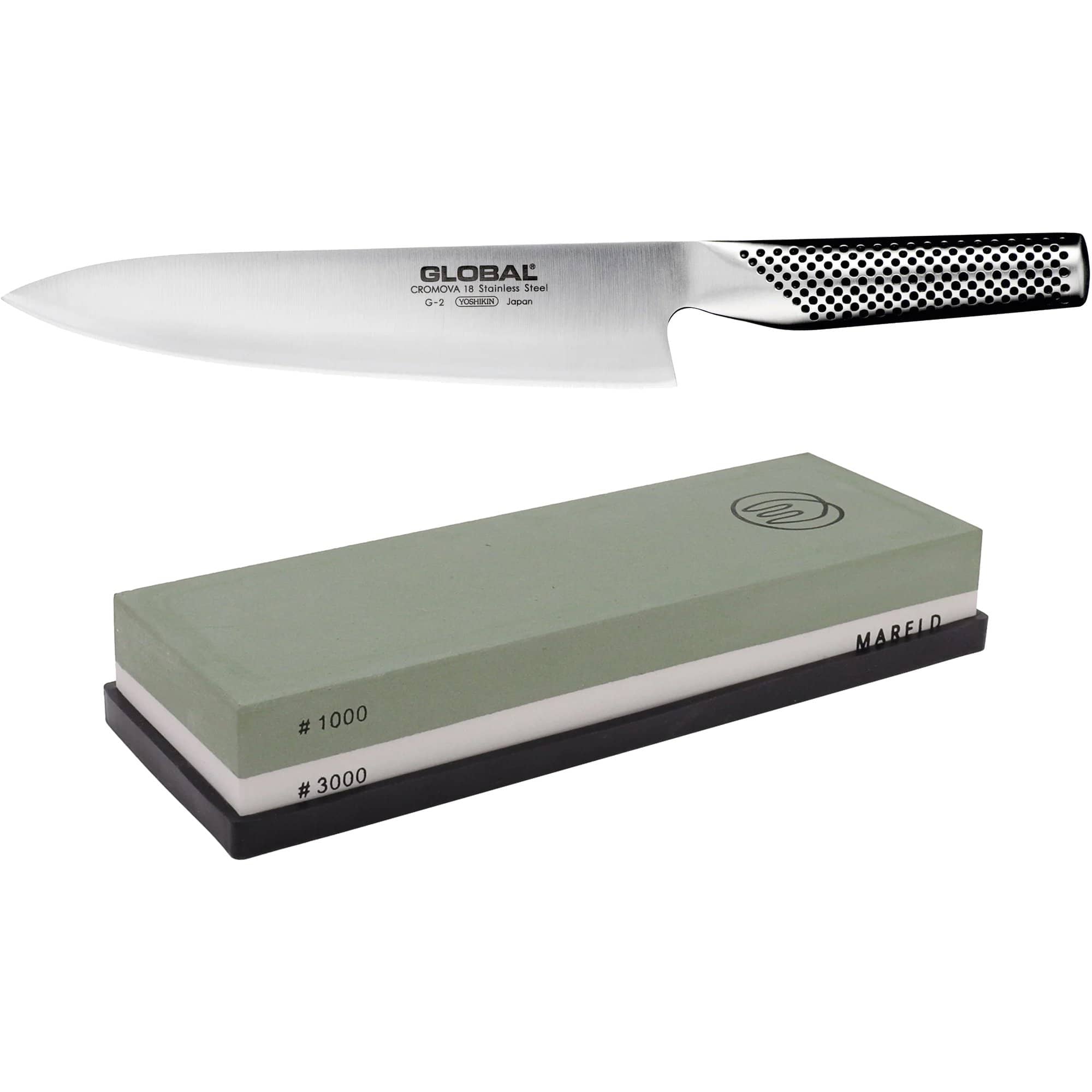 G 2 Kokkekniv 20 Cm + Mareld Slibesten 1000 3000 Grit fra Global