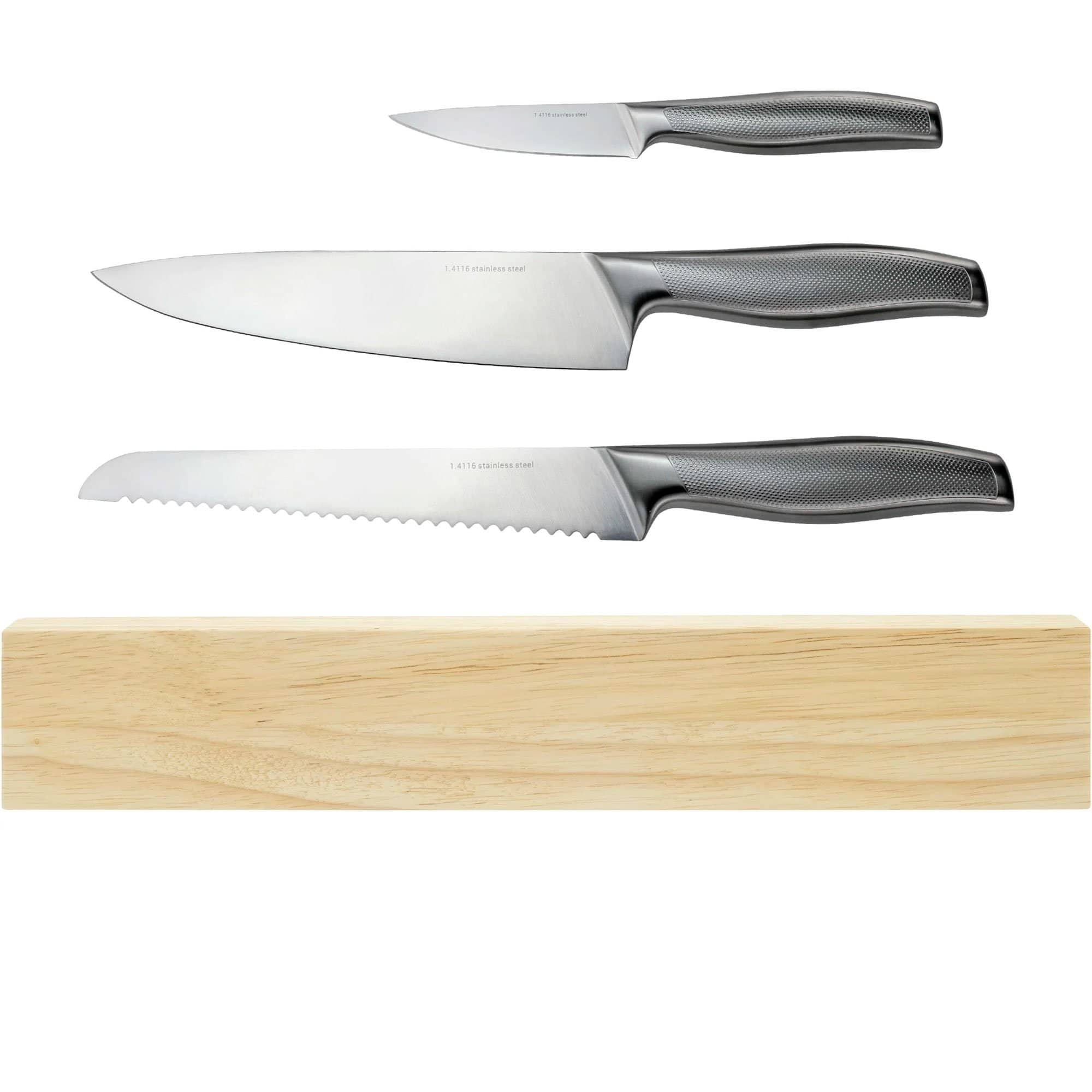 Knivsæt, 3 Knive + Magnetliste 30 Cm fra Essentials